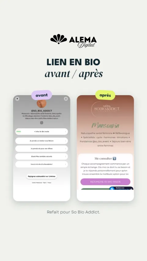 Story lien en bio avant et après pour So Bio Addict